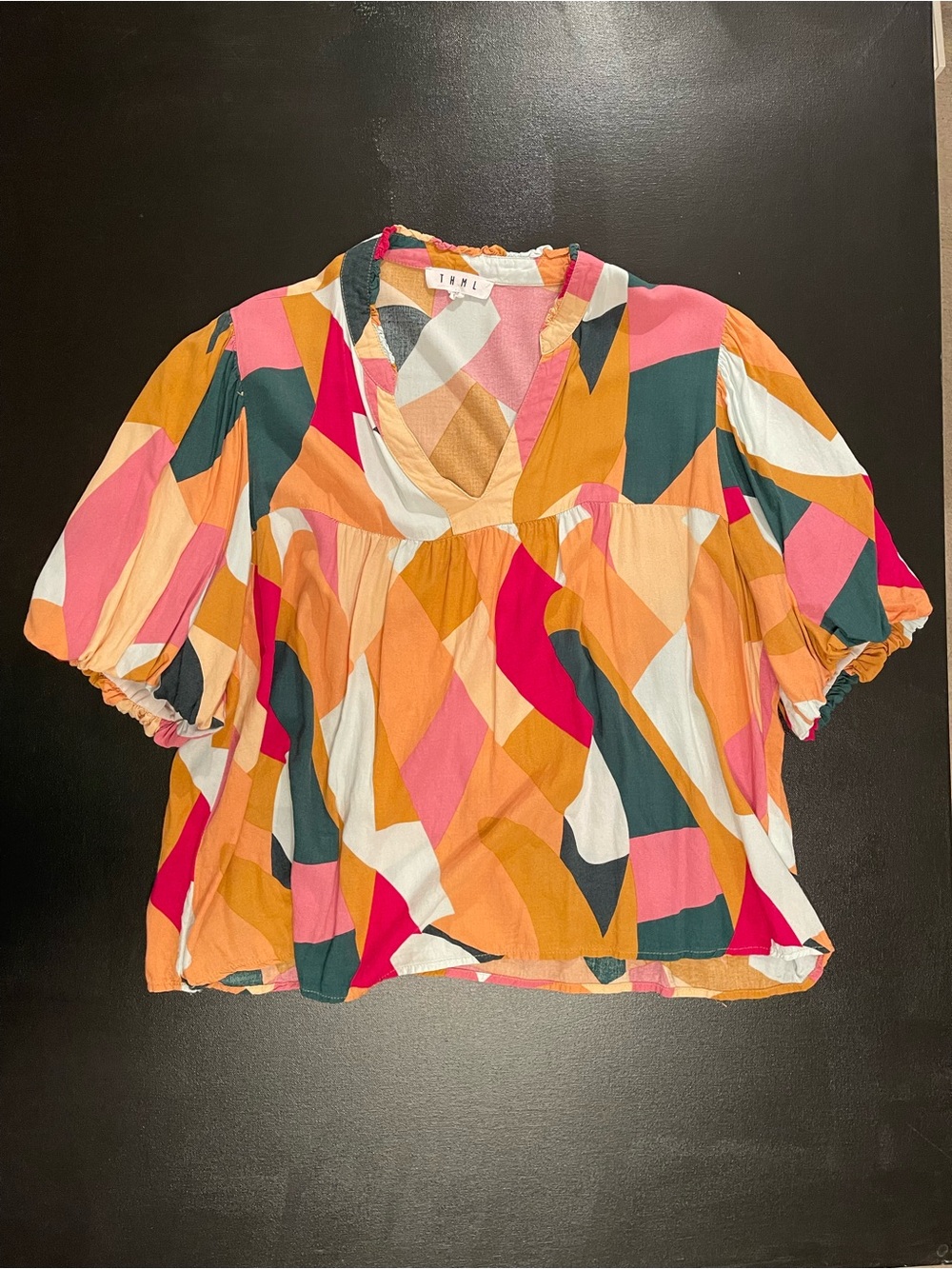 THML Multi-Color Geometric V-Neck Babydoll Top